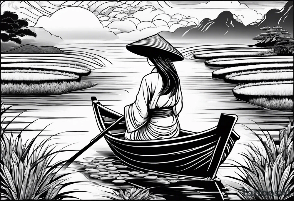 vietnamese lady on boat rice fields water sunset home clouds tattoo idea