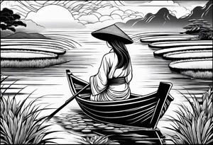 vietnamese lady on boat rice fields water sunset home clouds tattoo idea