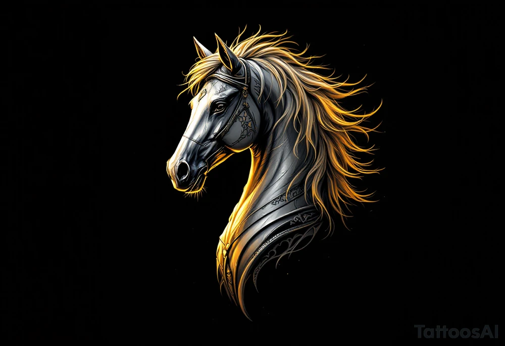 a knight of chess piece. it doesn't have legs, it's a chess piece. 
The knight piece is depicted in motion, slightly tilted forward as if it's charging or coming out of the shadows. The knight’s face is detailed but with a focus on the horse's strong features: its mane flowing in the wind, and the body etched with intricate details to represent strength and agility. The knight is emerging from a shadow, with the front part of the body illuminated in soft, warm light. The shadowed portions near the back and tail create a mystical aura. tattoo idea