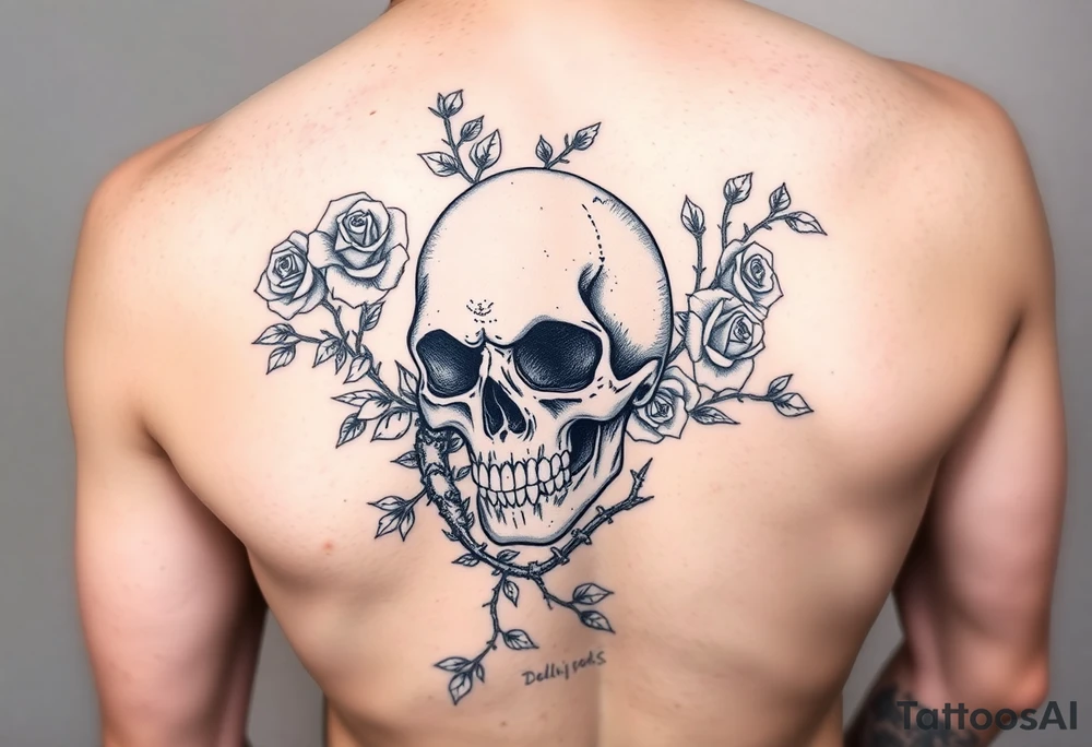 gothic skull intertwined with climbing roses and thorny vines tattoo idea