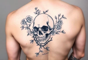 gothic skull intertwined with climbing roses and thorny vines tattoo idea