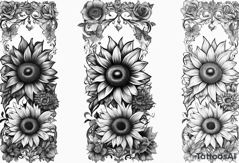 Arm sleeve with Winged cross with sunflower and butterflies tattoo idea