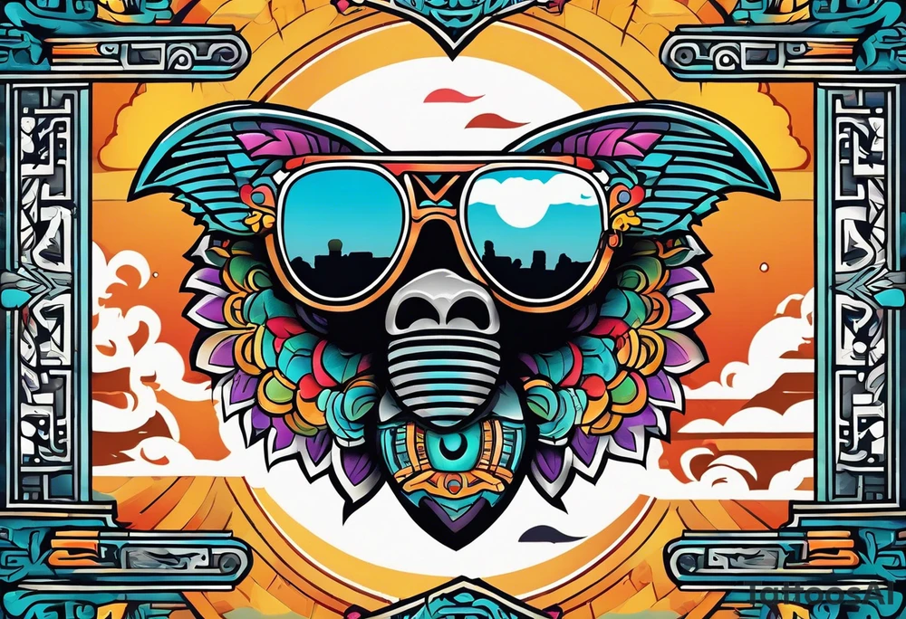 Colorful ancient Mayan hieroglyph with sunglasses reflecting Chichen itza. Bats and waves tattoo idea
