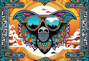 Colorful ancient Mayan hieroglyph with sunglasses reflecting Chichen itza. Bats and waves tattoo idea