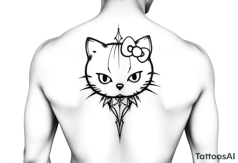 white background, cyber sigilism art / neo primal inspired hello kitty tattoo idea