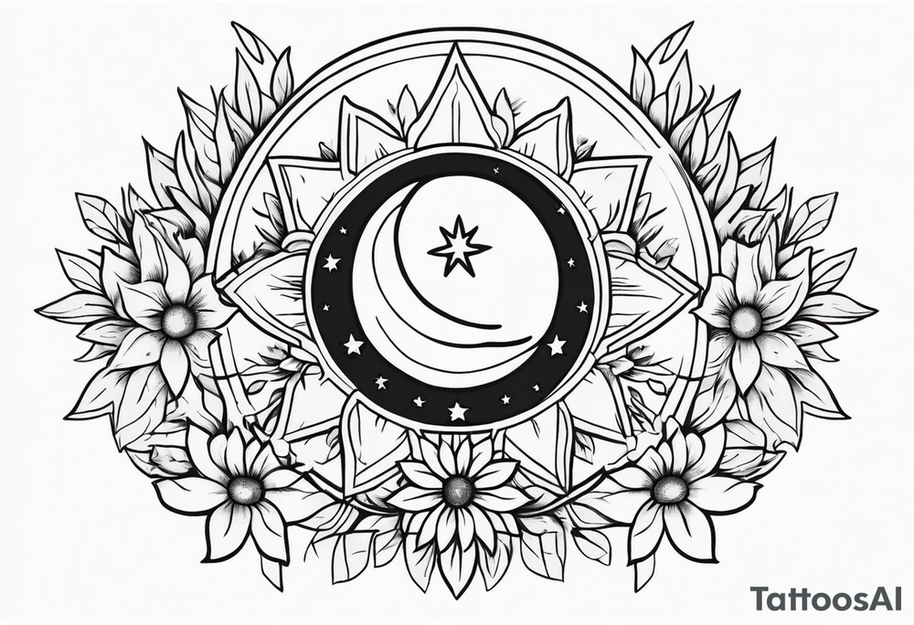 Western floral with sun stars and moon. Mirrored tattoo idea