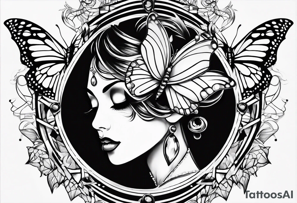 Soft butterfly on Indra's diamond network background tattoo idea