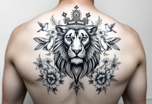 powerful majestic lion with a crown, surrounded by floral ornaments and birds tattoo idea
