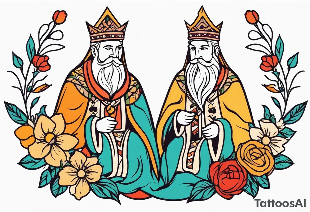 three wise men
old school vintage simple traditional design with vintage flowers surrounding it bold color simple tattoo idea