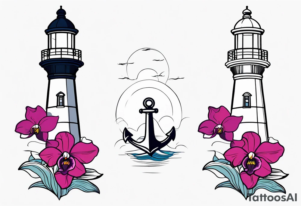 Lighthouse and an anchor and orchids tattoo idea