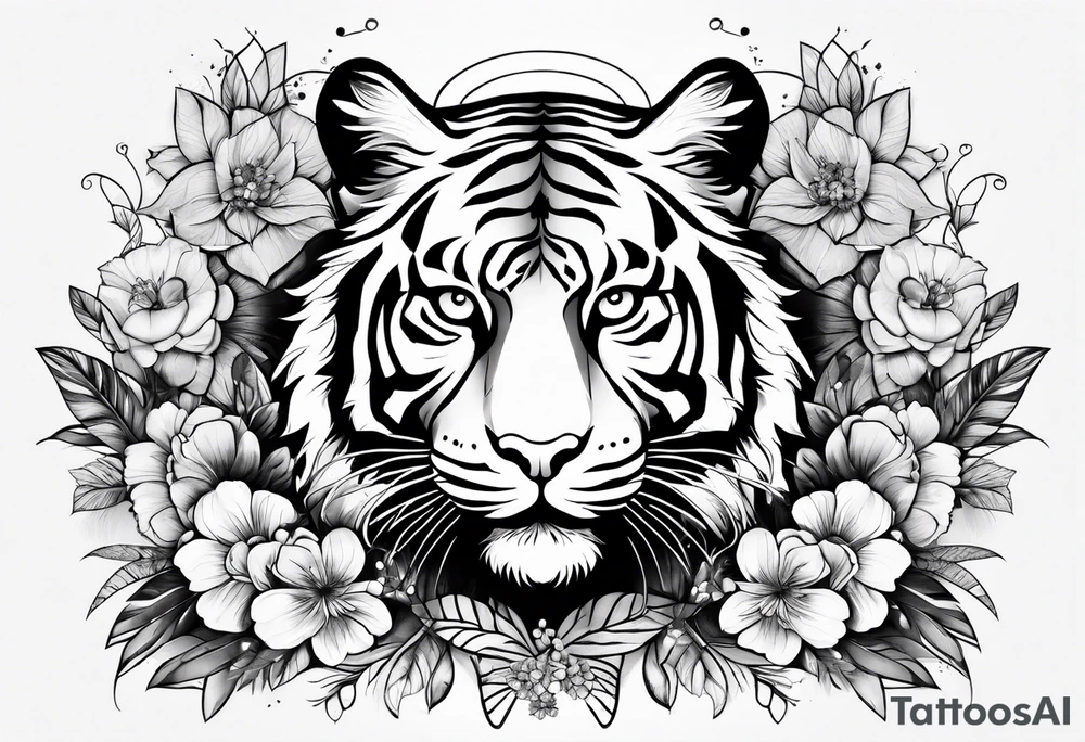 tiger, 3 butterflies, flowers for ladies thigh / hip tattoo idea