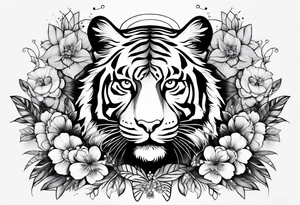 tiger, 3 butterflies, flowers for ladies thigh / hip tattoo idea