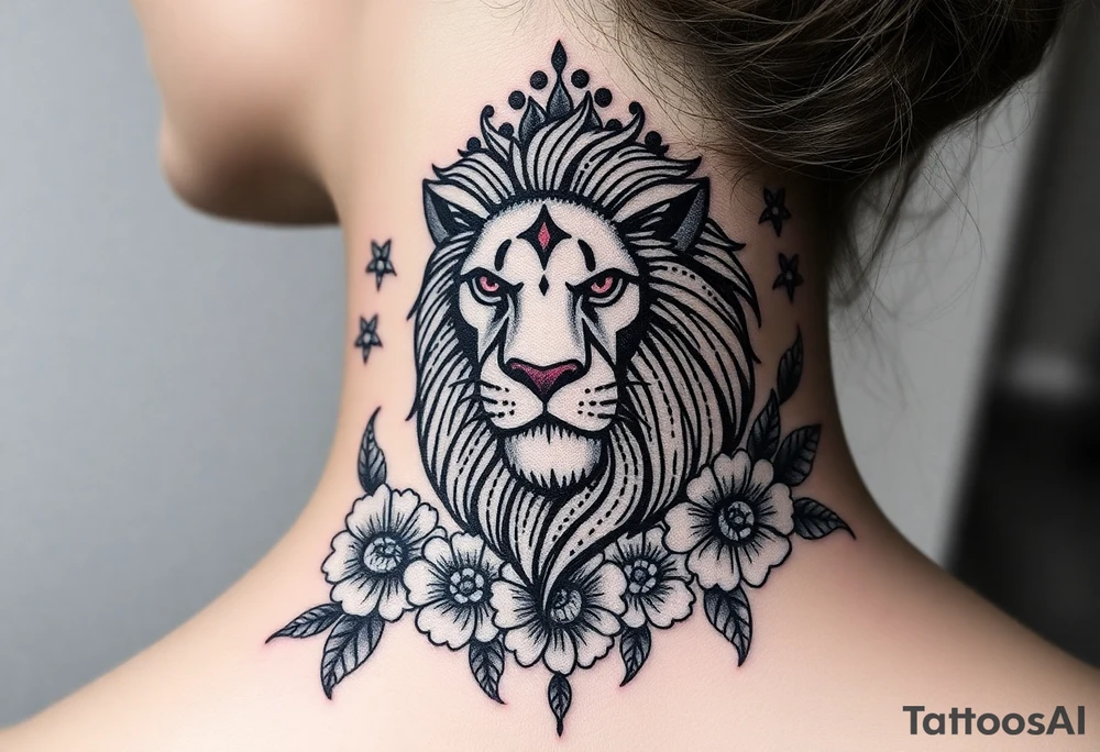 powerful majestic lion with a crown, surrounded by floral ornaments and birds tattoo idea