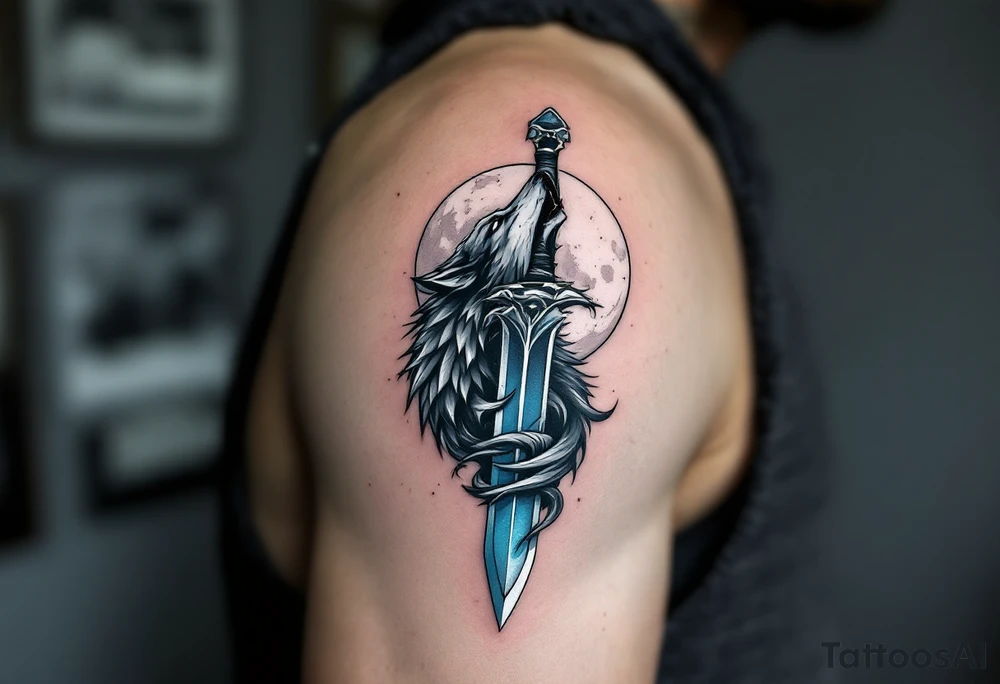 Wolf and Dagger – A dagger with a howling wolf wrapped around the hilt, the wolf in gray with black shading and the dagger in steel blue with silver highlights. The moon behind the wolf is in white with subtle gray shading. tattoo idea