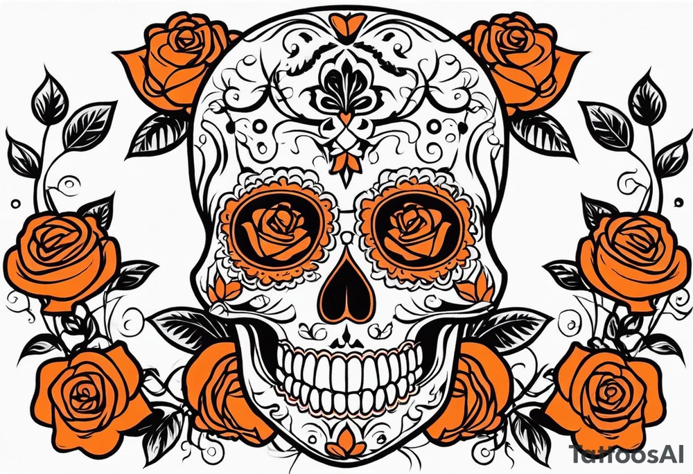 Orange Sugar skull with roses that are orange and red with smoke around it tattoo idea
