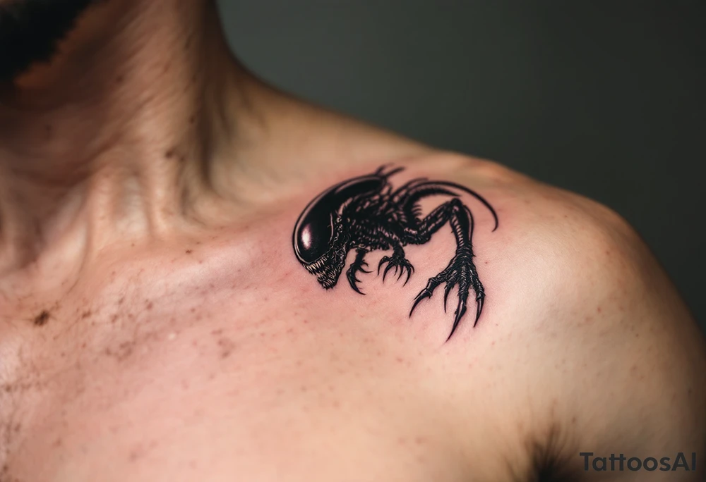 A realistic Xenomorph in mid-pounce, its glossy black body and sharp claws contrasted with subtle, deep purple highlights under the moonlight. tattoo idea