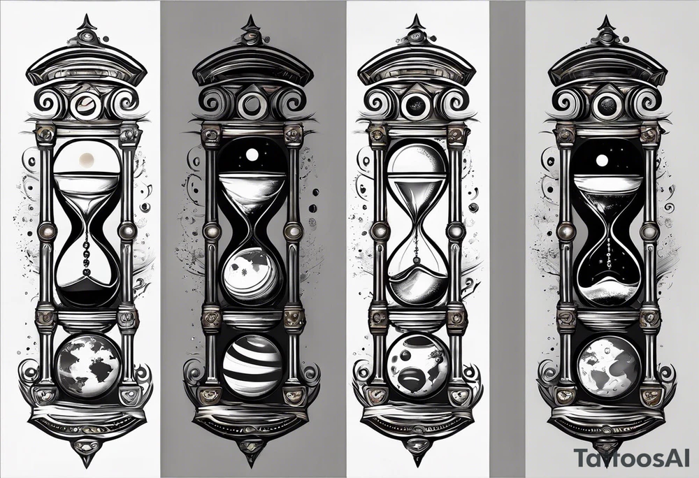 Mix an hourglass with a nautical clock with the addition of planets, galaxies to give a design to print on a t-shirt, the design should be in one color in the form of a tattoo and all the shapes should be mixed to give one shape tattoo for all arms. tattoo idea