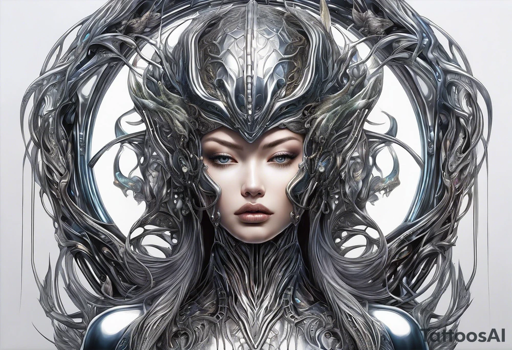 Hajime Sorayama type blended with HR Giger alien creatures with vines not a woman tattoo idea