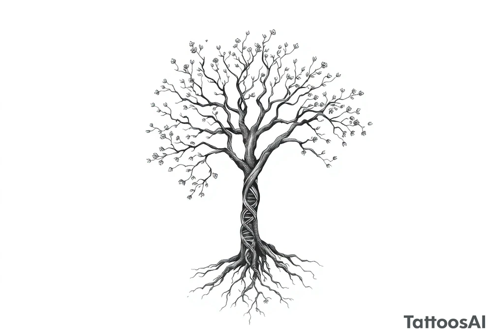 A tree with deep roots or blooming branches symbolizes personal growth, with dna strands as roots tattoo idea