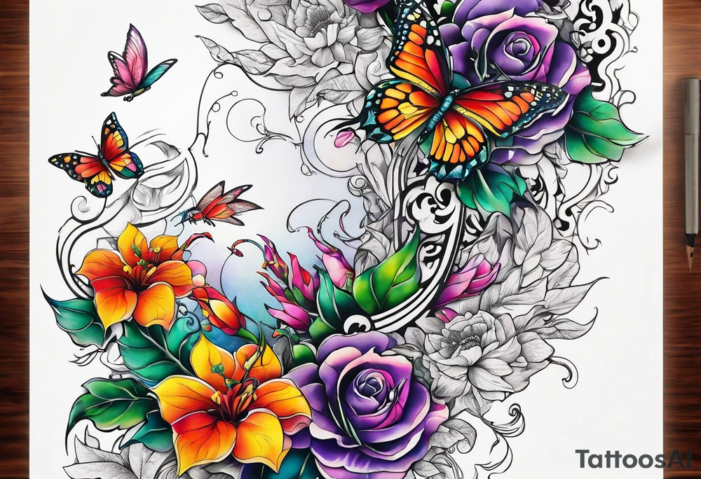 Leg sleeve that is a vine rapping around the leg with flowers and butterflies and  hummingbirds tattoo idea