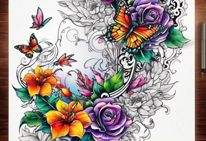 Leg sleeve that is a vine rapping around the leg with flowers and butterflies and  hummingbirds tattoo idea