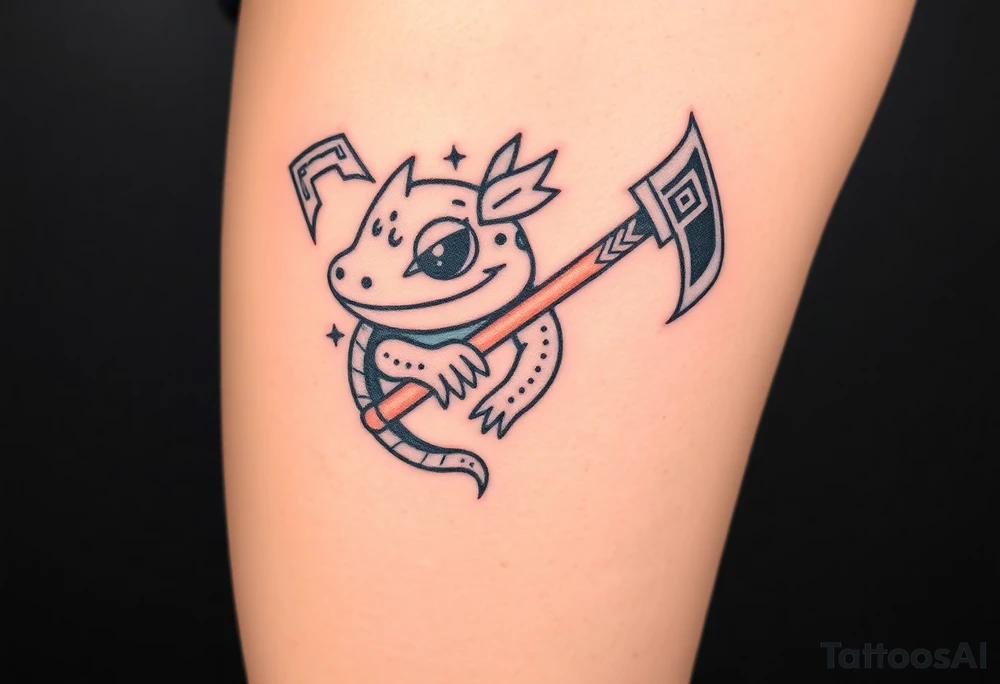 line work cartoon 
axolotl holding an axe tattoo idea