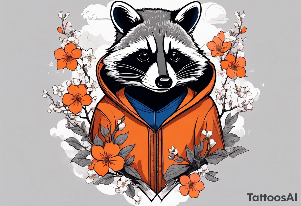 raccoon wearing a Superman hoodie with orange Japanese cherry blossoms tattoo idea