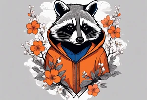 raccoon wearing a Superman hoodie with orange Japanese cherry blossoms tattoo idea