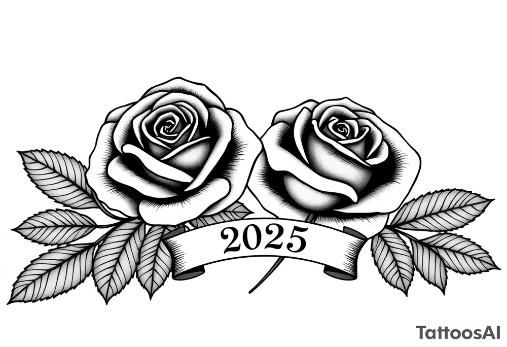 two beautiful large rose buds, one larger than the other, with lots and lots of leaves next to the rose buds, with one sitting slightly higher than the other, side-by-side.  Include a banner connecting the two roses with the year 2025 on it.   Use dark outlines with little shading. No stems tattoo idea