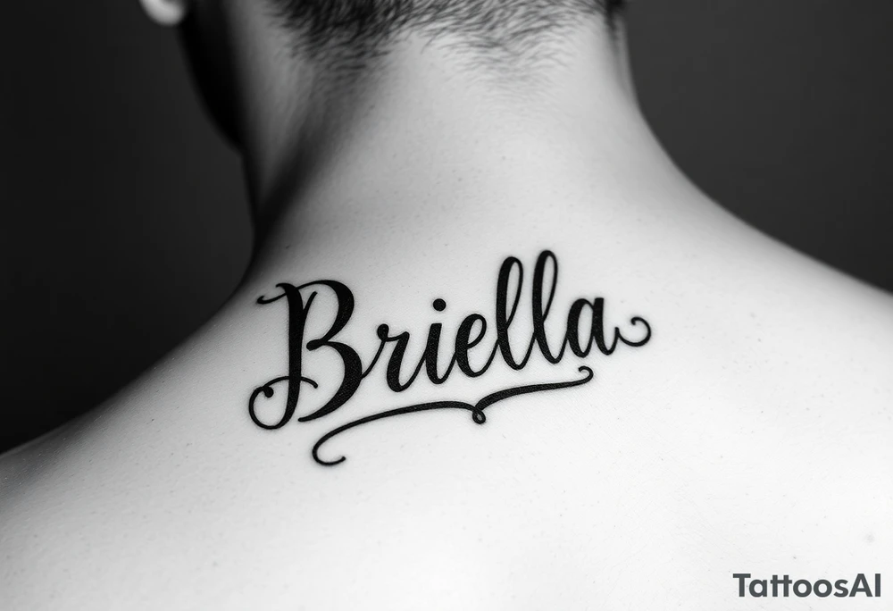 "Briella" in gothic yet feminine font on hand along thumb tattoo idea