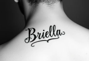 "Briella" in gothic yet feminine font on hand along thumb tattoo idea
