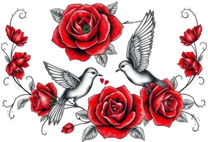 Vintage lace, red roses, red birds tattoo idea