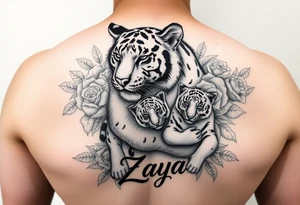 Beautiful, strong and fierce adult female tiger and her cub surrounded by roses and flowers with my daughters name “Zaya” tattoo idea