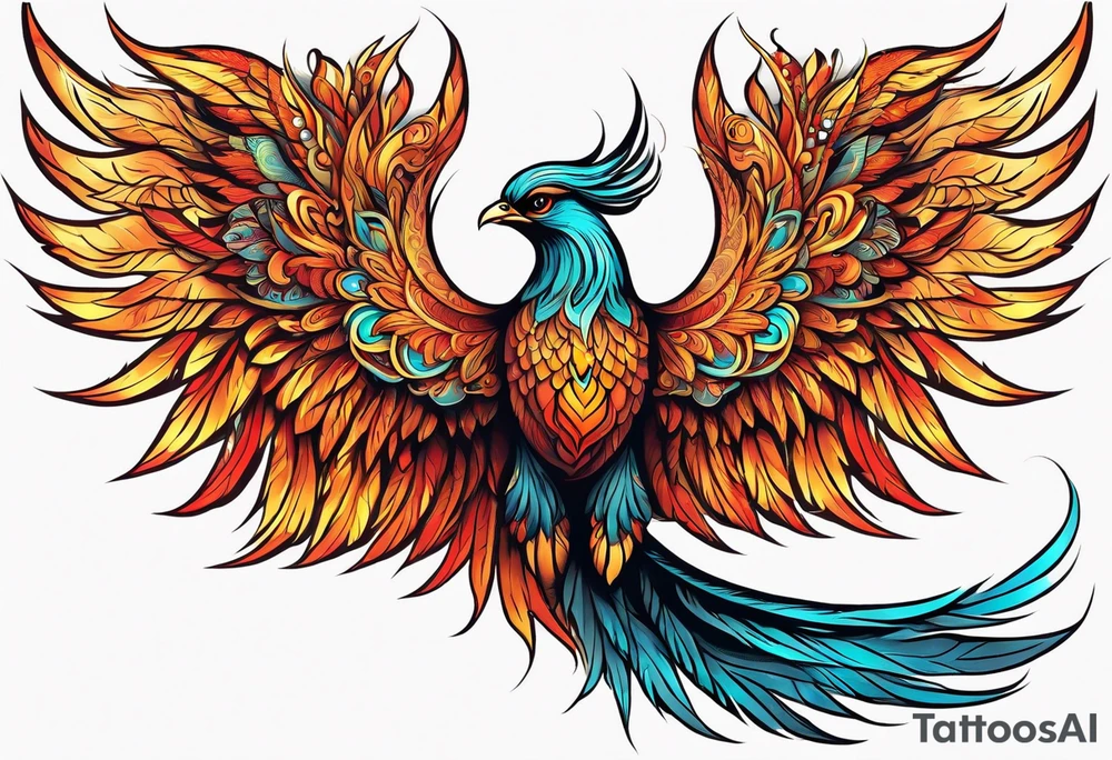 russian firebird phoenix in-flight with very long fancy tail with Yarilo symbol tattoo idea