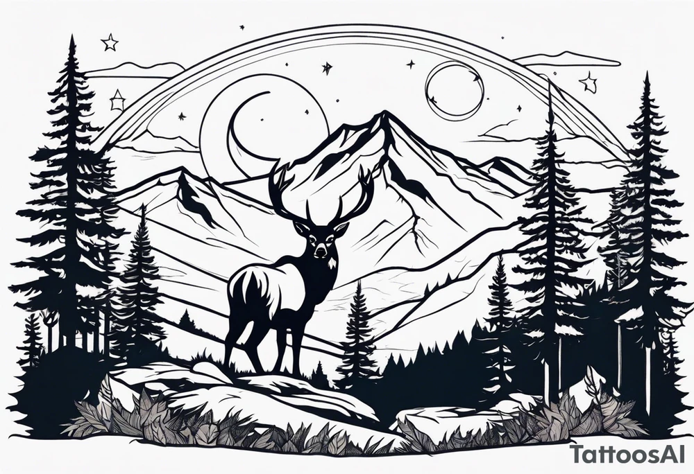 Hunter in the woods with dark mountains in the background under moonlight with elk deer and a cougar tattoo idea