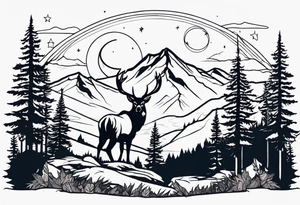 Hunter in the woods with dark mountains in the background under moonlight with elk deer and a cougar tattoo idea