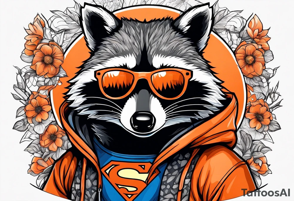 Raccoon wearing an orange Superman hoodie tattoo idea