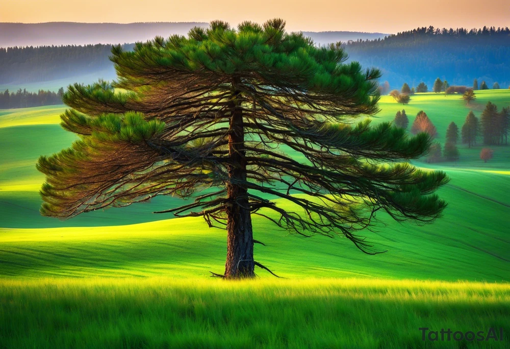 A solitary pine tree standing tall in an empty, open field, with vibrant green needles covering only one side of the tree. The other side is stark and bare, with branches exposed and no leaves. The scene is illuminated by soft, early morning light, creating a contrast between the lush side and the barren side of the tree. The empty field stretches out in all directions, emphasizing the unique appearance of the lone pine tree. --v 5 --ar 16:9 --q 2 tattoo idea