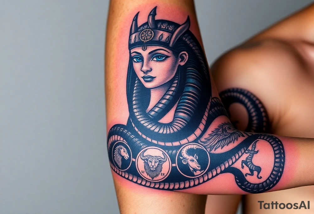 A DSLR photo of a full upper arm tattoo on a man's right arm, from neck to below the elbow. The tattoo shows the Egyptian goddess Renenutet with a serene and powerful female face, shaded with lifelike detail. Her eyes are vivid blue with white highlights. She wears a war crown (Mut or Isis style, with horns and a solar disk), and an ankh on the forehead. Her hair blends into a cobra hood that transitions into the serpent’s body wrapping around the entire arm. The cobra’s scales are deeply shaded black with white edge accents and subtle blue highlights on the back. The body coils protectively around the forearm, encircling three symbols: twin faces (Gemini), a lion’s head in relief (Leo), and a Capricorn with a horned goat and fish tail, each embedded in the snake’s body or stylized medallions. The tattoo glows slightly with white ink accents, giving it a vibrant, almost living presence. Photographed in soft studio lighting to highlight texture and shading, with visible skin grain and depth of ink. tattoo idea