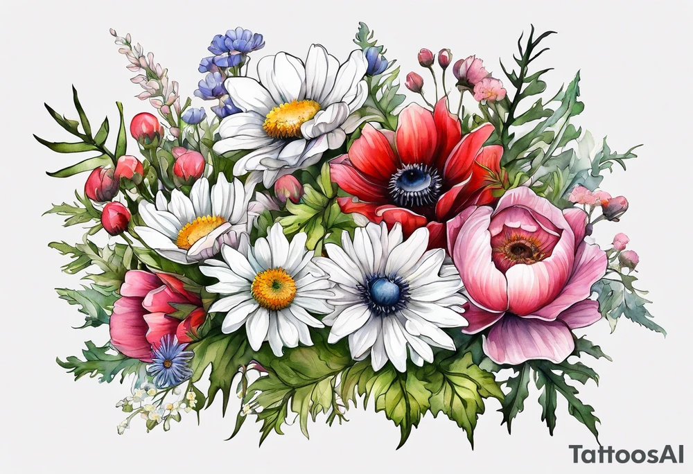 wildflowers cascading with thistles, ferns, white anemones, sun flowers, buttercups, pink flowers, red flowers, babys breath and daisies all in watercolor tattoo idea