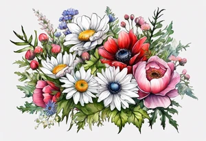 wildflowers cascading with thistles, ferns, white anemones, sun flowers, buttercups, pink flowers, red flowers, babys breath and daisies all in watercolor tattoo idea