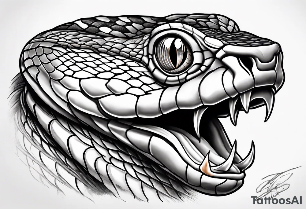 Copperhead coiled up with head turned up and mouth open and copper colored eyes tattoo idea