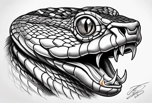 Copperhead coiled up with head turned up and mouth open and copper colored eyes tattoo idea