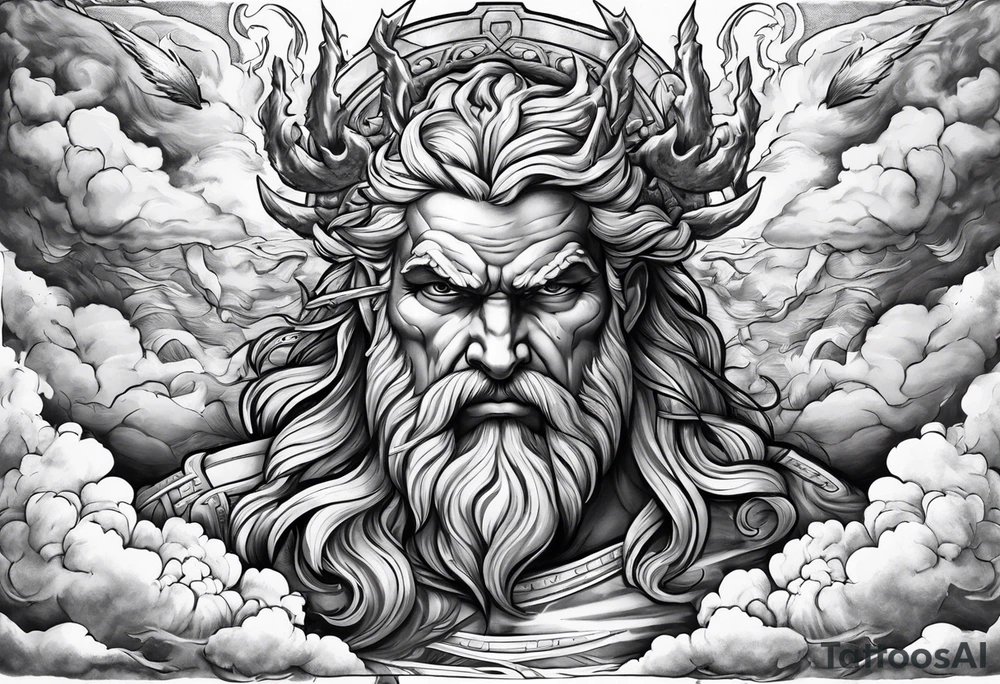 Zeus with a lightning bolt on clouds and Hades in hell below tattoo idea Zeus with a lightning bolt on clouds and Hades in hell below tattoo idea