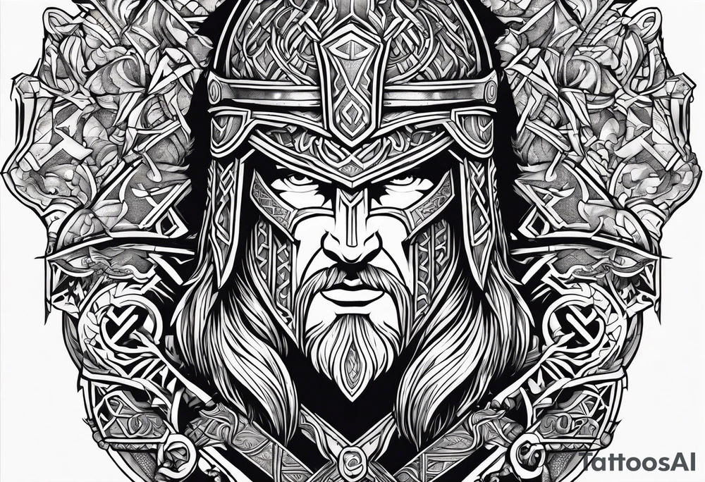 Full arm tattoo with a motif of Thor's armor, Norse runes, Norse symbols and Mjolnir tattoo idea