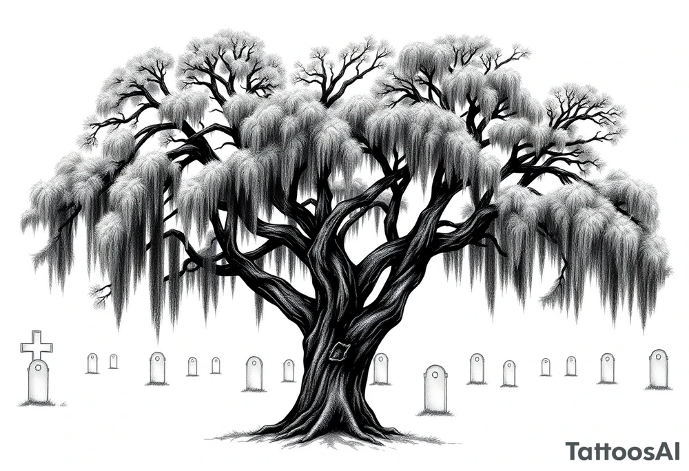 Oak trees with Spanish moss in a cemetery tattoo idea