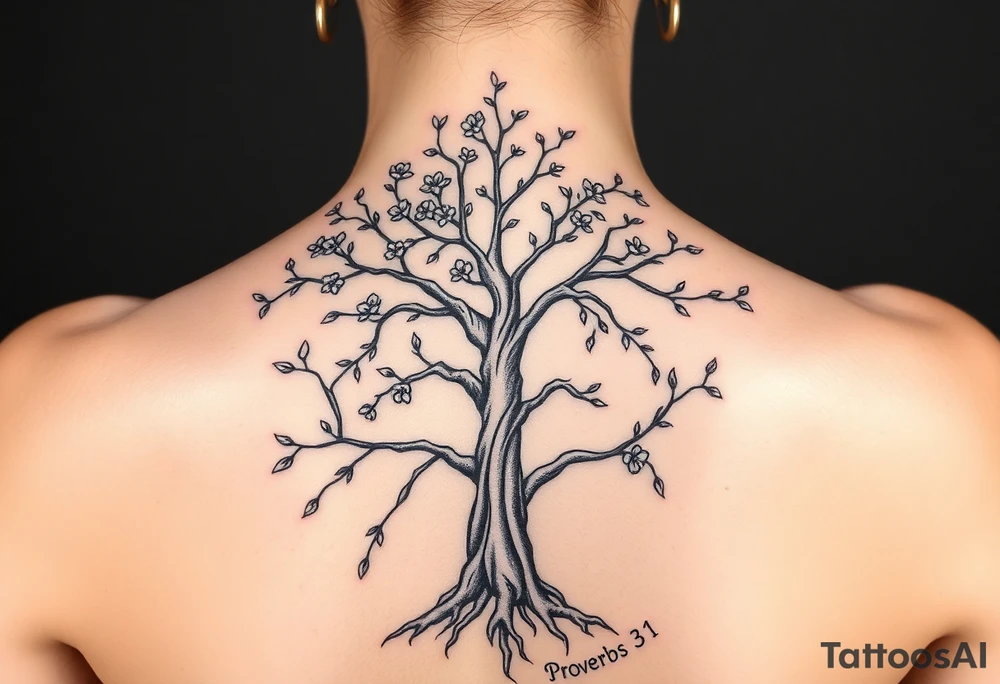 back tattoo with proverbs 31 with tree of life woman tattoo woman’s body as the trunk with no head  with roots and branches from neck with  small flowers from a few branches tattoo idea