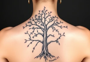 back tattoo with proverbs 31 with tree of life woman tattoo woman’s body as the trunk with no head  with roots and branches from neck with  small flowers from a few branches tattoo idea