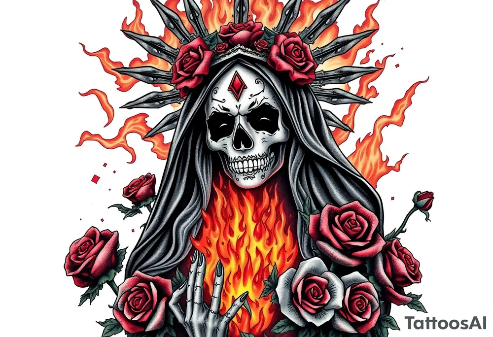 Powerful and evil Santa muerte rising from the flames and ashes of hell, surrounded by unclaimed souls and roses tattoo idea