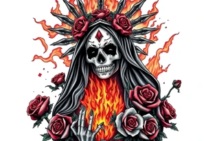 Powerful and evil Santa muerte rising from the flames and ashes of hell, surrounded by unclaimed souls and roses tattoo idea